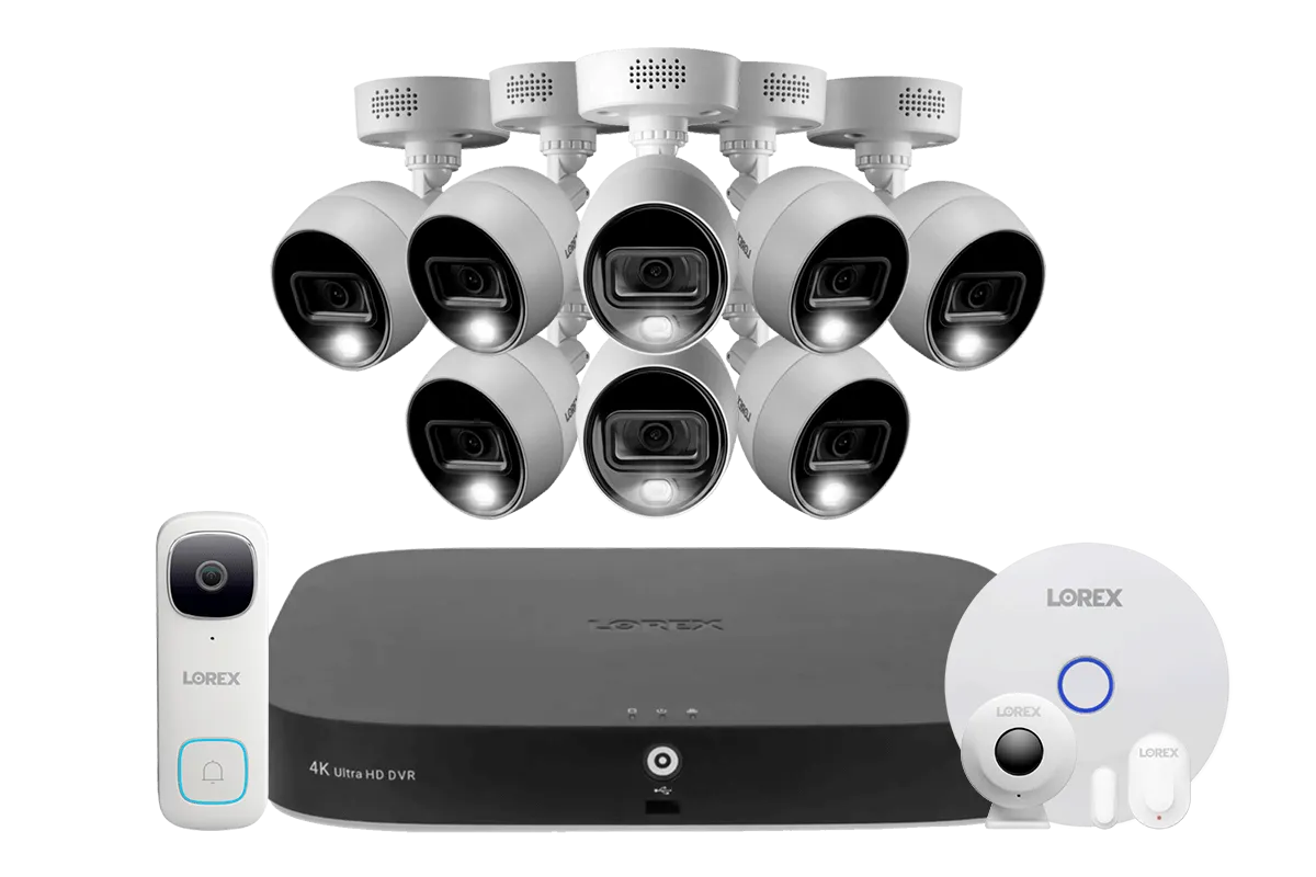 Lorex Fusion 4K 20-Channel (16 Wired and 4 Wi-Fi) 2TB DVR System with 8 Analog Active Deterrence Cameras, 2K Video Doorbell and Smart Sensor Kit