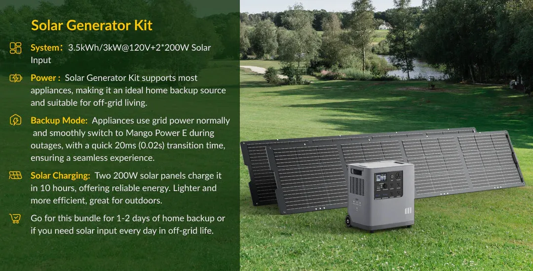 Mango Power E 3.5kw Portable Power Station- Solar Generator Kit with 2x200W  Solar Panels