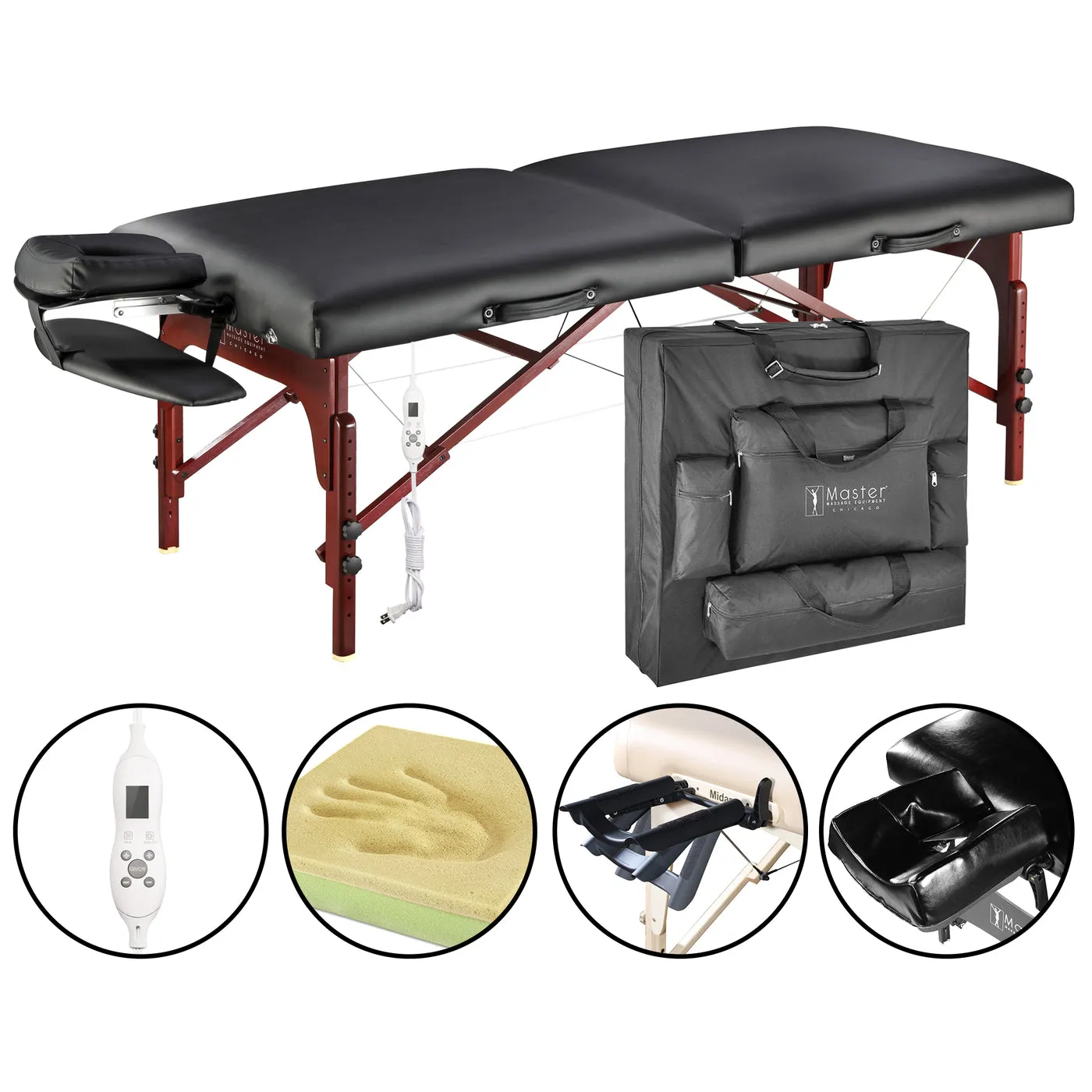 Master Massage 70cm MONTCLAIR Portable Massage Table Package with Therma-Top (UK Plug) - Adjustable Heating System, Shiatsu Cables, & Reiki Panels! (Black Color)