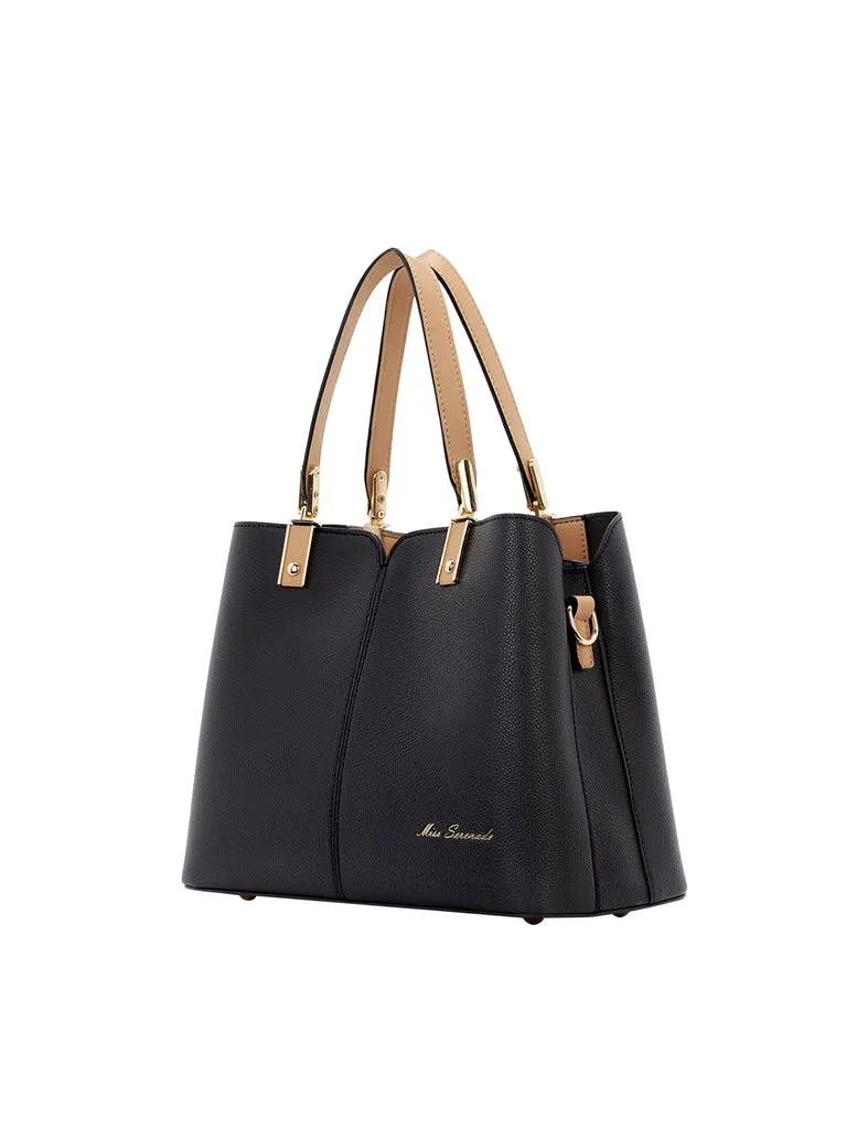 Miss Serenade - Chantal PU triple sect tote - Black-Camel