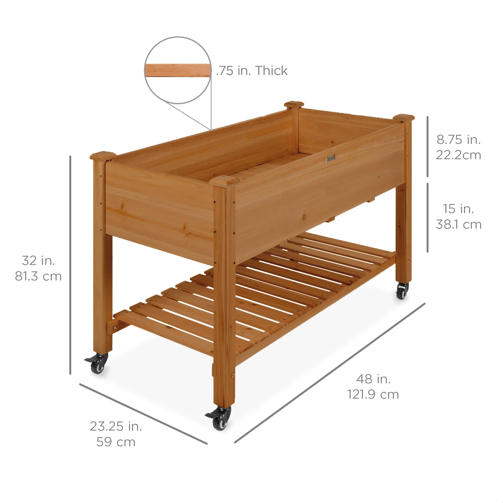 Mobile Raised Garden Bed Elevated Planter w/ Wheels, Shelf - 48x23.25x32in