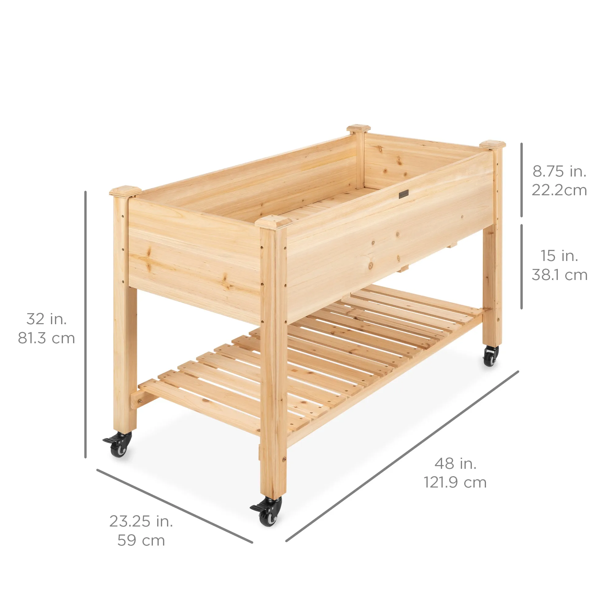 Mobile Raised Garden Bed Elevated Planter w/ Wheels, Shelf - 48x23.25x32in