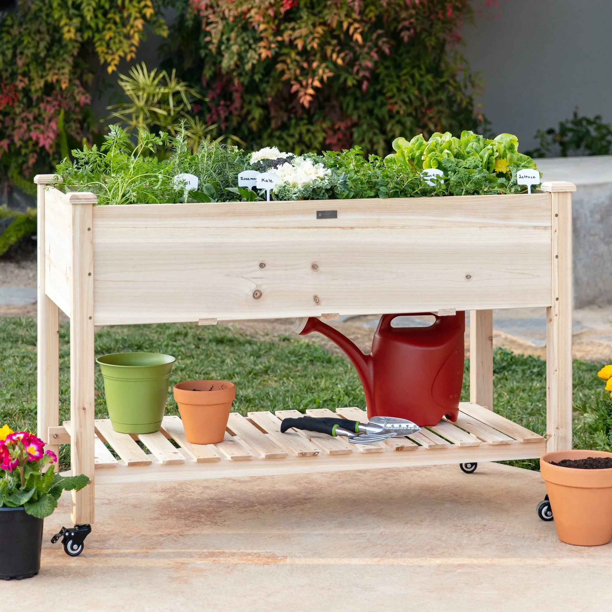 Mobile Raised Garden Bed Elevated Wood Planter w/ Wheels, Storage Shelf