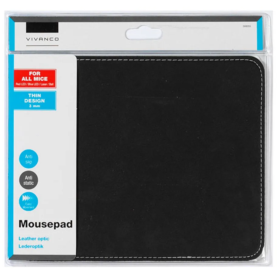 Mouse Pad Vivanco Thin Design Mouse Mat 3mm for All Mice, Anti Static, Anti Slip, Leather optic