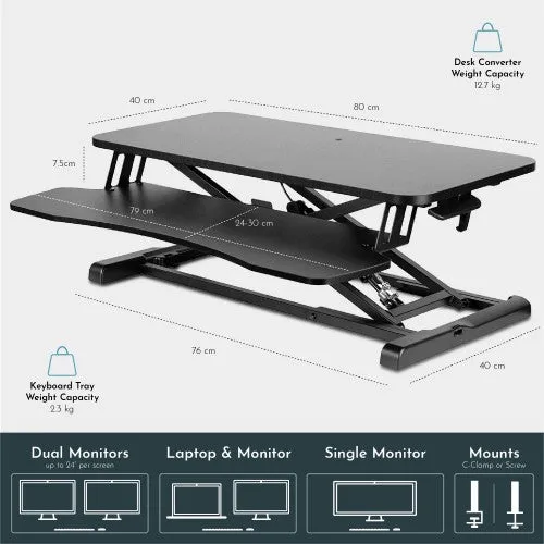 New Upgraded 80cm Desk Converter | Adjustable Height Sit-Stand Riser | Dual Monitor Laptop Workstation With Wide Keyboard Tray | Home | Office