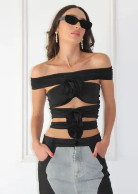 Off Shoulder Stereo Flower Cut Out Ruched Crop Top