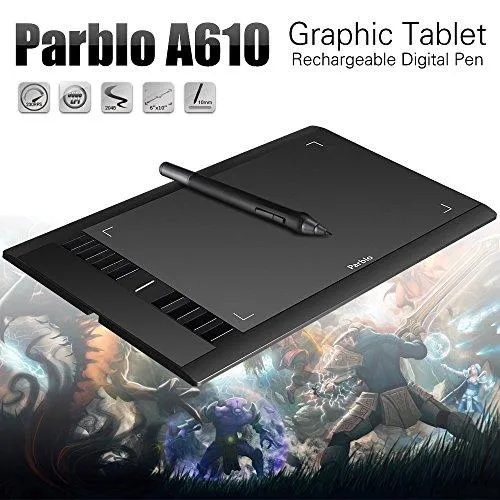 Parblo A610 10" x 6" Graphic Drawing Tablet with 8 Express Keys, 2 P50S Rechargeable Pen, Replacement Nibs, Transparent Film and Two-Finger Glove