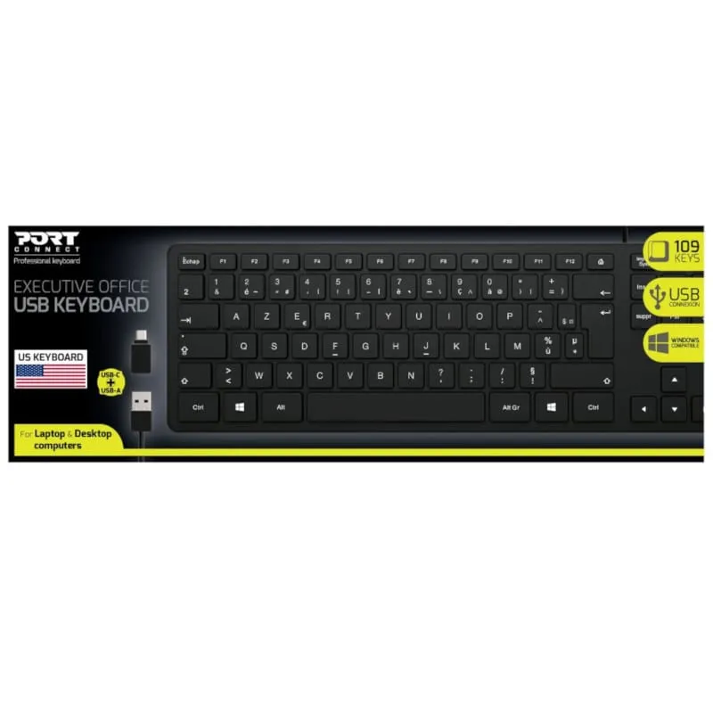 Port Office Executive Low Profile 109Key Wired Keyboard - Black