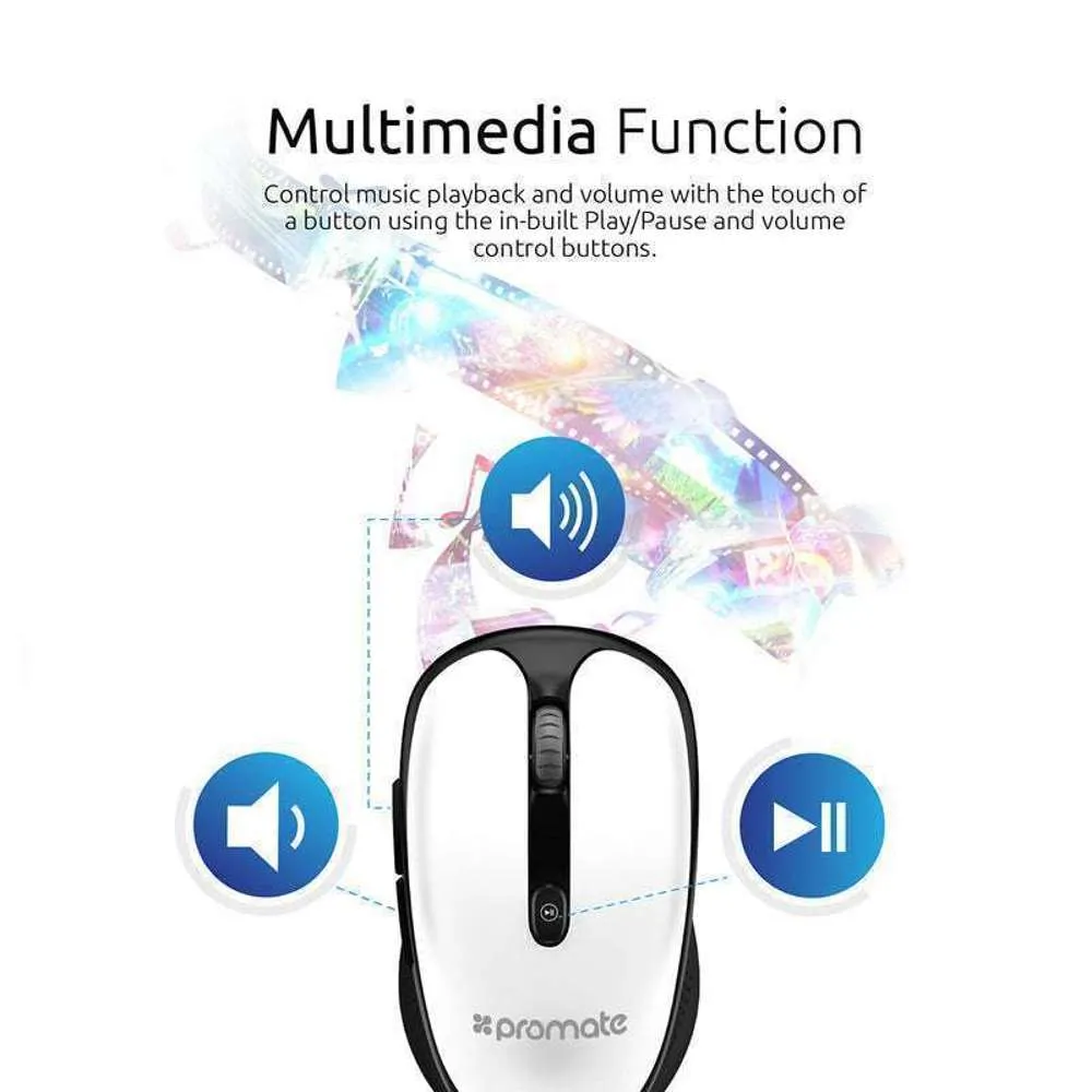 Promate 2.4GHz Multimedia Wireless Mouse Play/Pause Volume Control