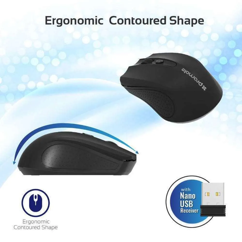 Promate Compact Ergonomic Wireless Mouse 3 Adjustable dpi levels Black