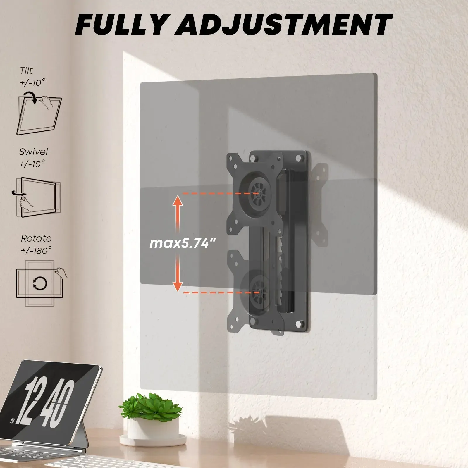 PUTORSEN Premium Height Adjustable Monitor Wall Mount up to 35 inch Ultrawide Screens, Low Profile VESA Wall Mount Monitor Holds up to 22lbs, Full Motion Computer Monitor Mount Wall, VESA 75/100,Black