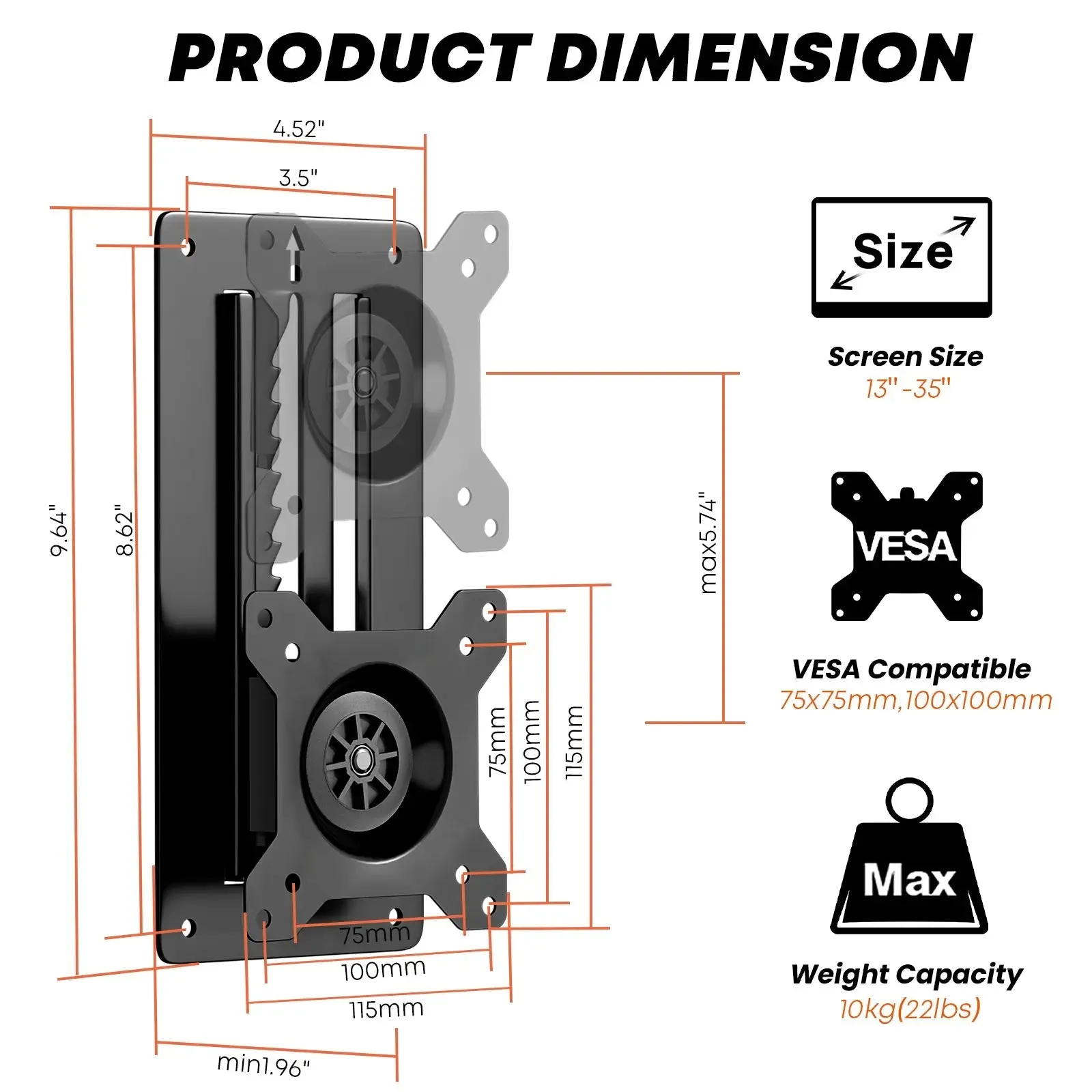 PUTORSEN Premium Height Adjustable Monitor Wall Mount up to 35 inch Ultrawide Screens, Low Profile VESA Wall Mount Monitor Holds up to 22lbs, Full Motion Computer Monitor Mount Wall, VESA 75/100,Black