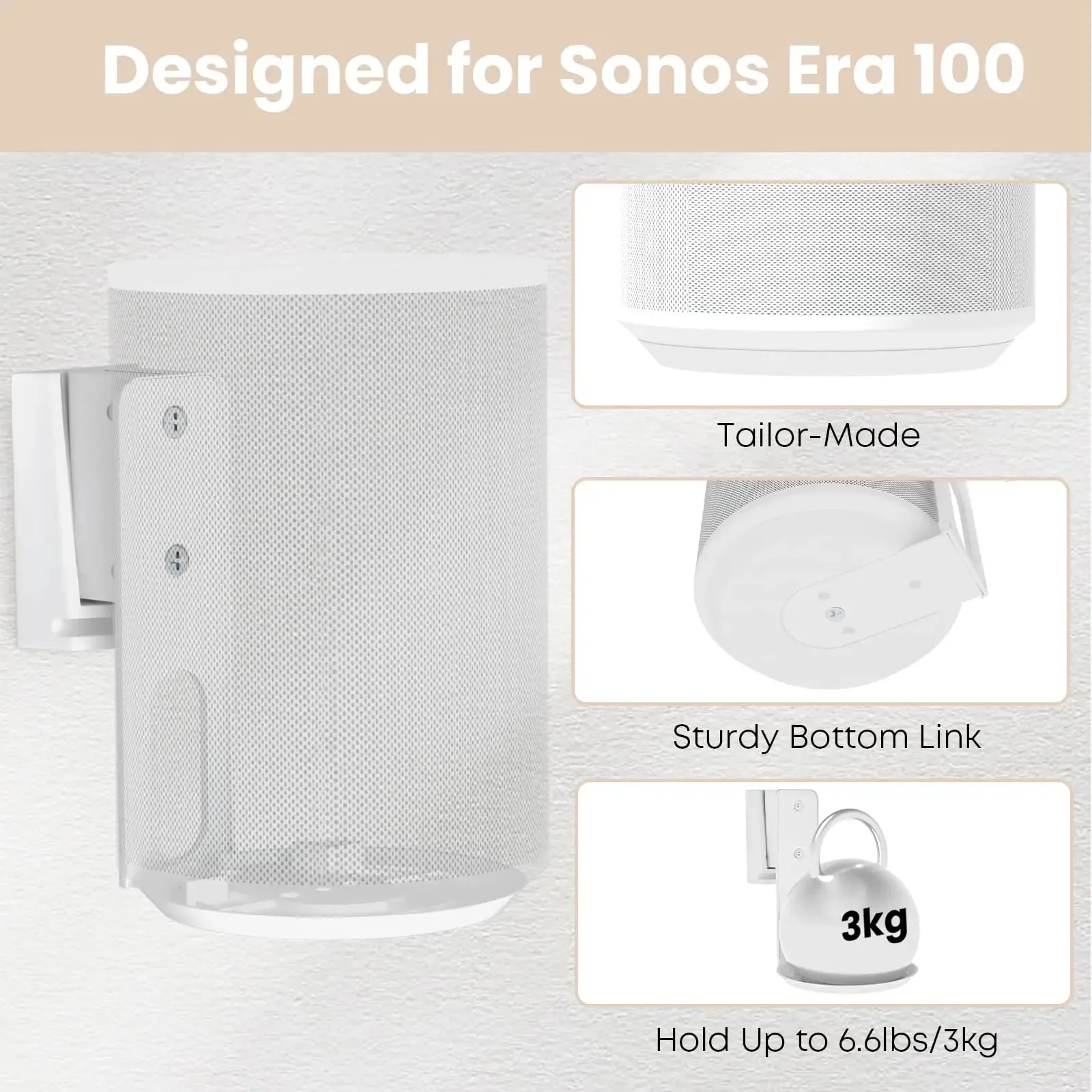 PUTORSEN Speaker Wall Mount for Sonos Era 100,Tilt & Swivel Speaker Shelf Bracket for Better Audio Enjoyment,Cable Management,Hold up to 6.6lbs (1 Pack White)