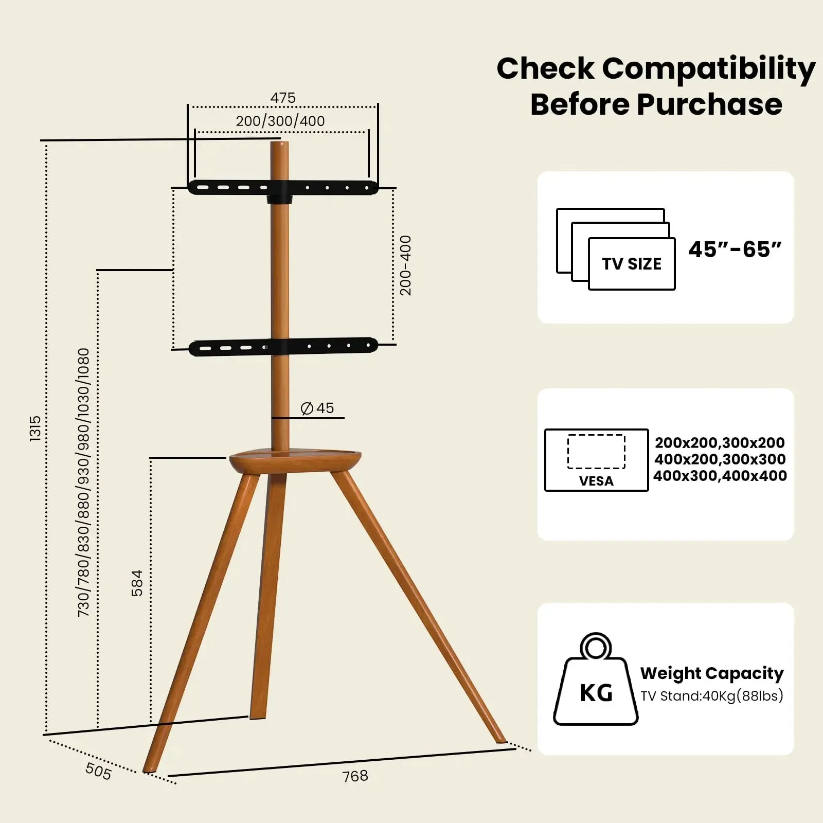 PUTORSEN TV stand wood - Tripod TV stand height-adjustable for TV 45-65 inch up to 40 kg