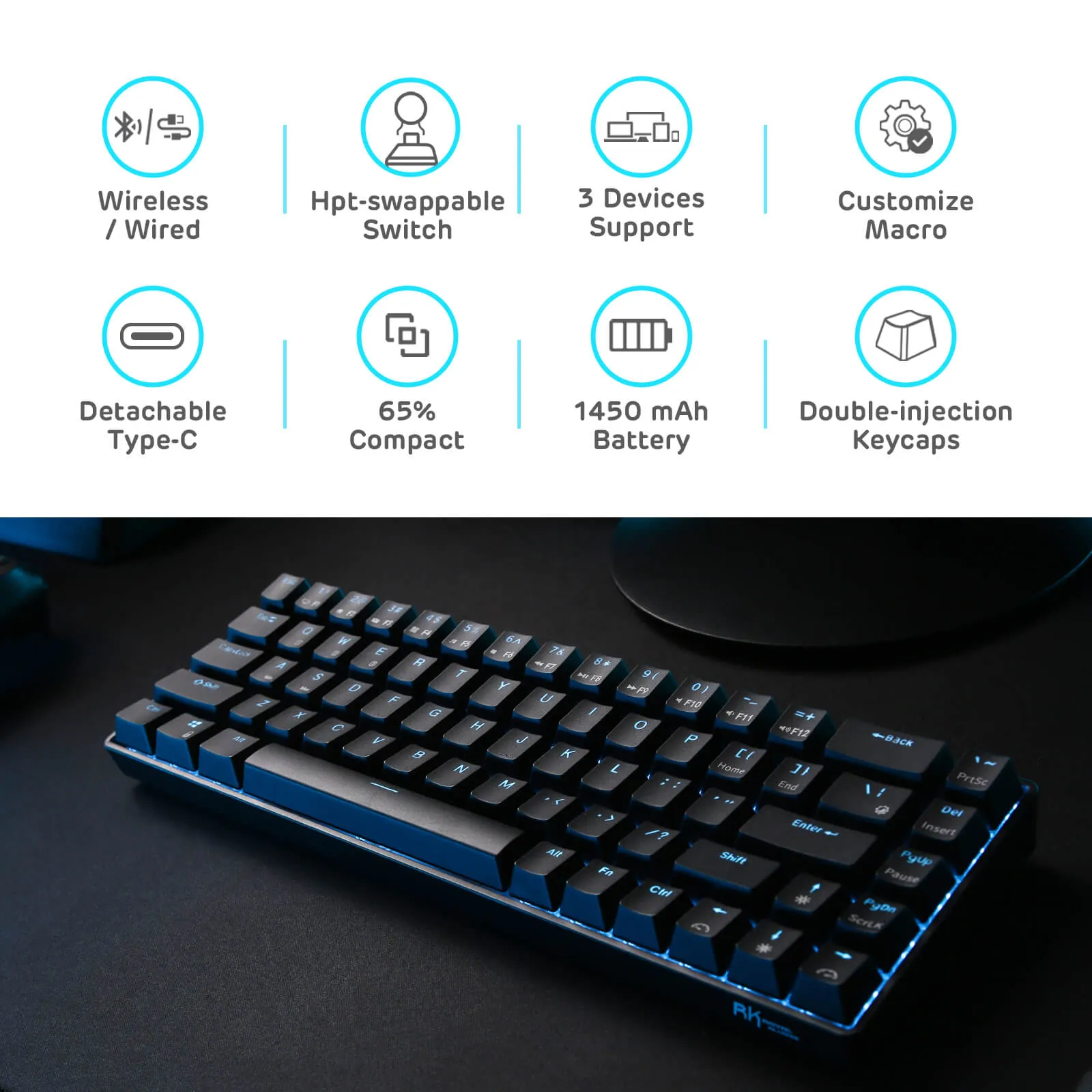 RK68 65% Wireless Mechanical Keyboard (Single Color Backlit)