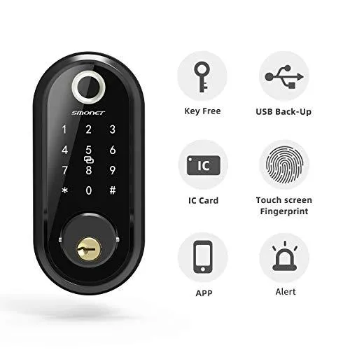 Smart Lock, Keyless Entry Deadbolt Door Lock, SMONET Electronic Bluetooth with Biometric Fingerprint, Keys, IC Card, Touchscreen Keypad,Auto Lock,Remote Share, APP Control for Home,Office,Apartment