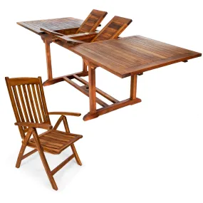 Teak 5-Piece Butterfly Leaf Extension Dining Set, Seats 8/10 People, Includes Folding Chairs.