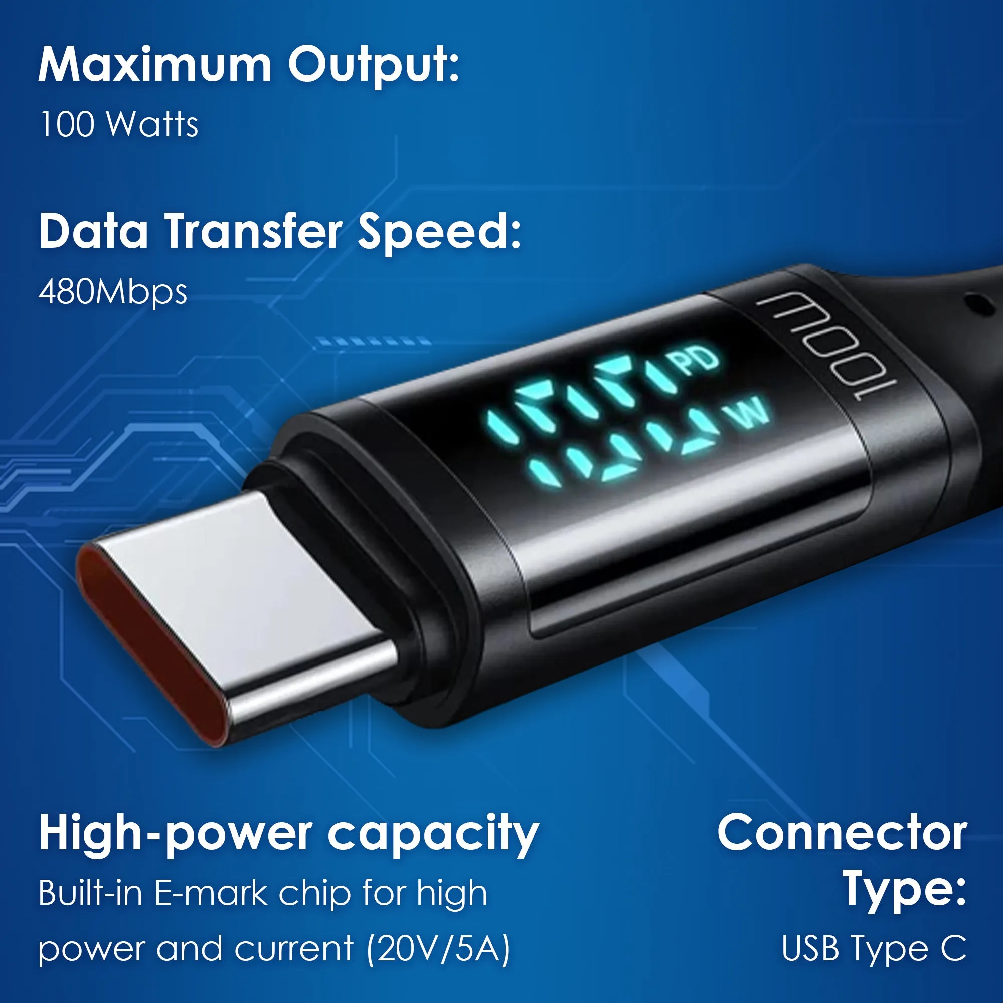 TheUrbanGeek USB C Fast Charging & Data Cable with Power Display (100W)