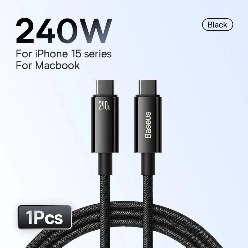 Unleash the Power: Baseus 240W USB Type C Cable - Lightning-Fast Charging Speeds for iPhone 15, Realme, Samsung S23, MacBook, PC!