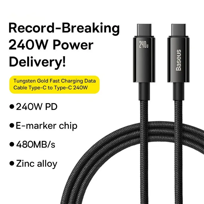 Unleash the Power: Baseus 240W USB Type C Cable - Lightning-Fast Charging Speeds for iPhone 15, Realme, Samsung S23, MacBook, PC!