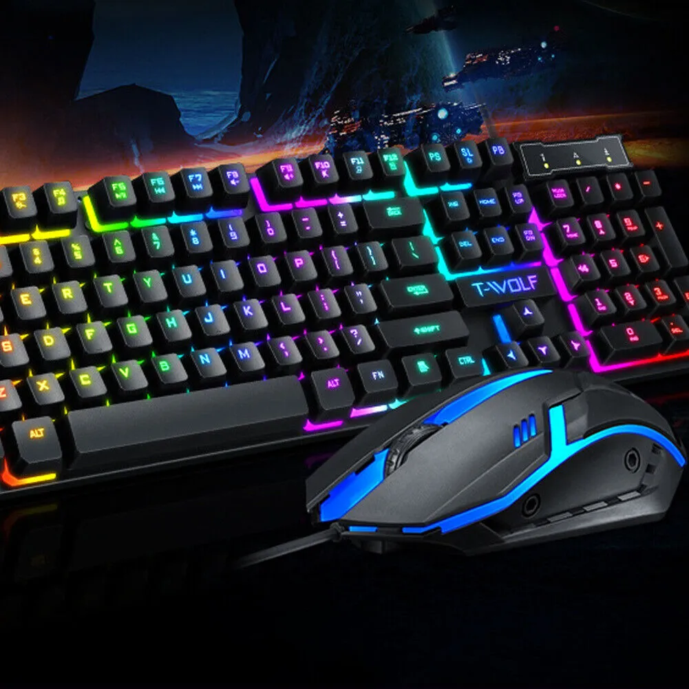 US 1-2 Set of Gaming Keyboard and Mouse Combo RGB LED Backlight Ergonomic TF200