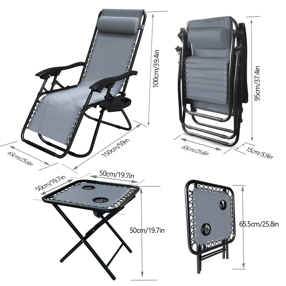 VOUNOT Set of 2 Zero Gravity Chair and Matching Table, Reclining Sun Loungers with Cup & Phone Holder, Grey