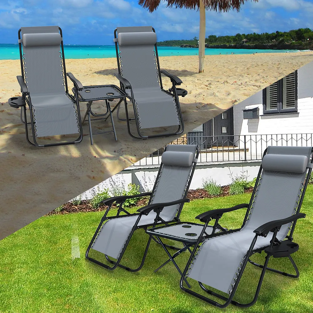 VOUNOT Set of 2 Zero Gravity Chair and Matching Table, Reclining Sun Loungers with Cup & Phone Holder, Grey