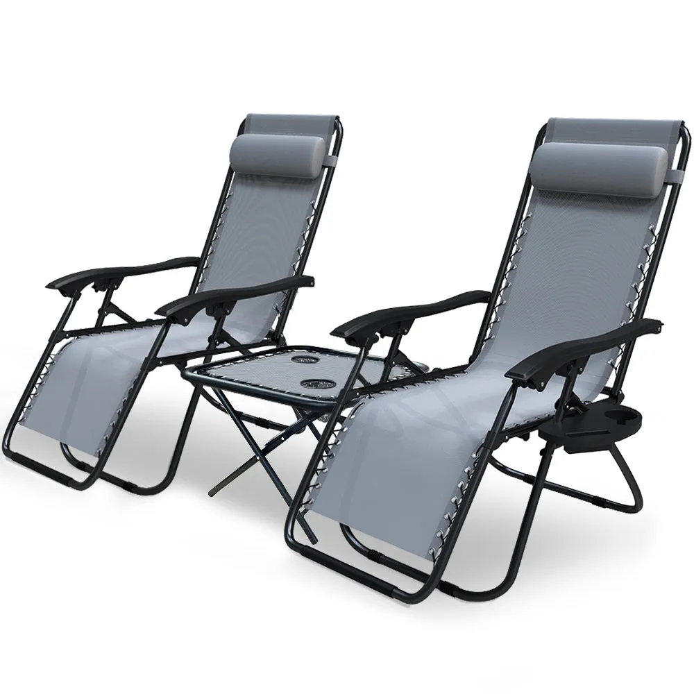 VOUNOT Set of 2 Zero Gravity Chair and Matching Table, Reclining Sun Loungers with Cup & Phone Holder, Grey