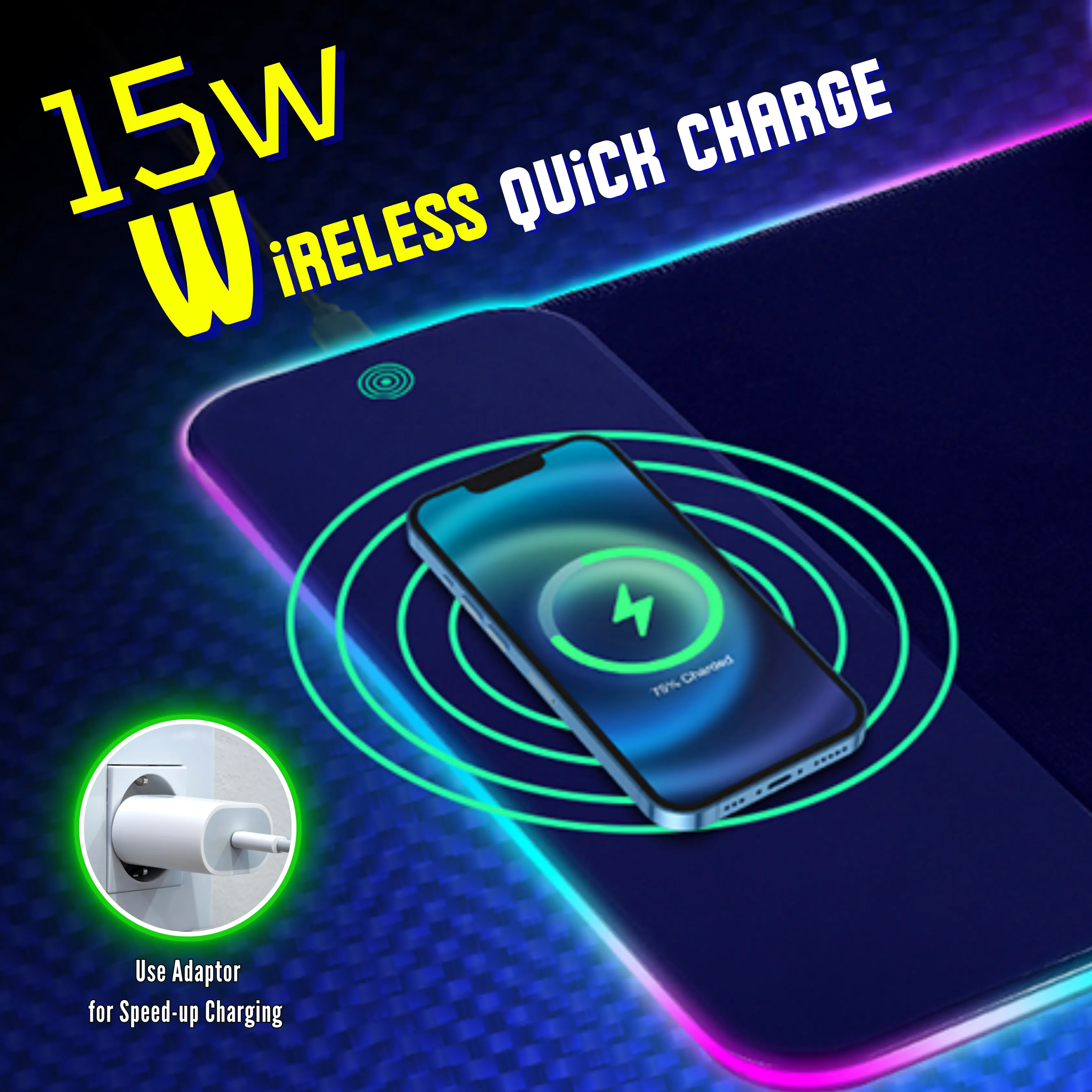 Wireless Charging Mouse Pad with RGB lighting | Waterproof | Oversized | Vibrant Prints | Cyber Mecha Blueprint