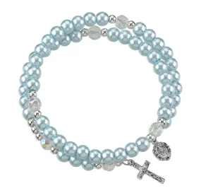 Women's 5-Decade Spiral Wrap Rosary Bracelet, Light Blue Imitation Pearl Bead